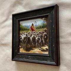 Jesus the Good Shepherd Original Oil Painting in Vintage Solid Wood Frame, Small