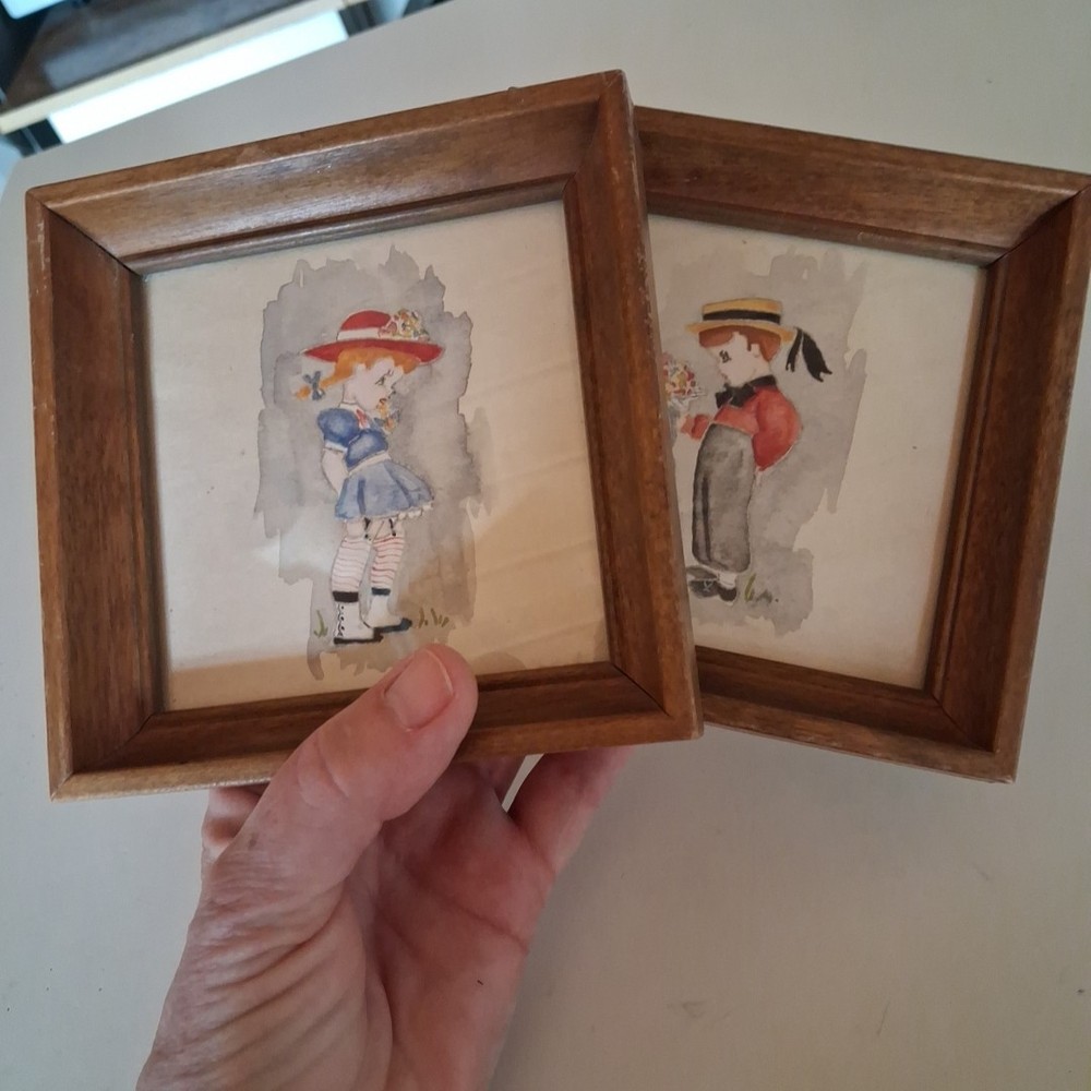 Beautiful Original Watercolor Paintings, French Children, Pair 5″ X 5″ Unsigned