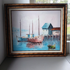 Original KESWICK Oil Painting Fishing Boats in Harbor PINK SKY Calm Nautical MCM