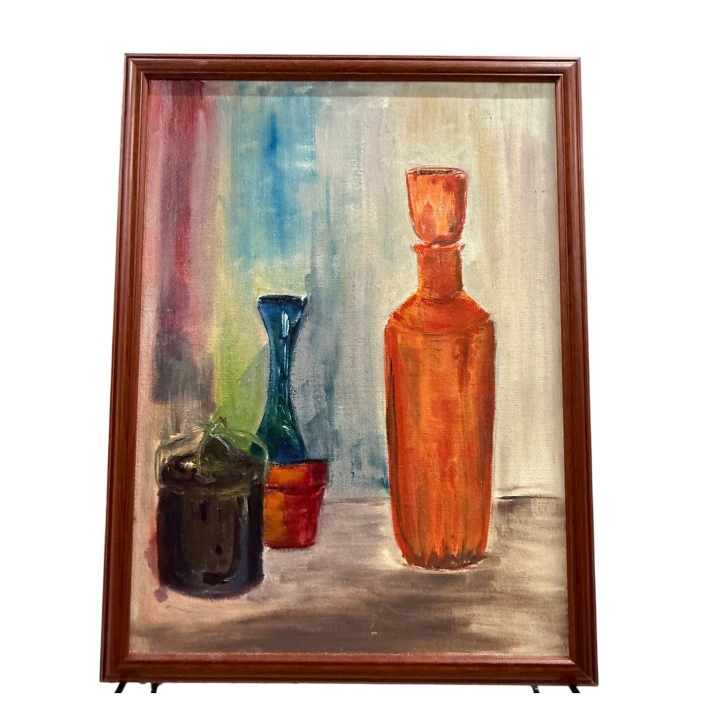 Unsigned Still Life Bottle Painting Framed Canvas Art