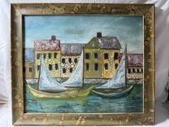 “Vintage European Harbor Oil Painting Framed Nautical Scene”