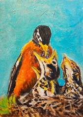 Original Miniature Painting ACEO Bird Robin Feeding Hatchlings Mother in Nature