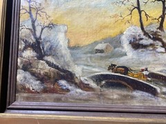 Large Antique „Winter Landscape With Figures Scene“ Oil Painting – Signed/Framed