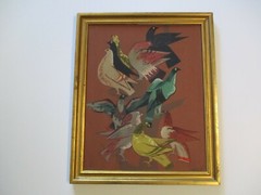 MID CENTURY BIRD PAINTING MODERNISM EXPRESSIONISM PIGEONS SIGNED LANDIS 1950’S