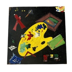 Vintage Artist Palette Painting Black Ground Art Studio Burlap Back Board 5×5
