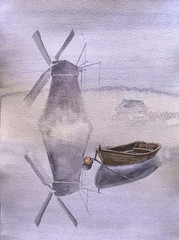 BOAT SKY FOG Original Modern Artwork Painting Landscape WINDMILL Art Seascape A4