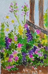 aceo original art Watercolor Painting Of Tiny Garden And Old Fence