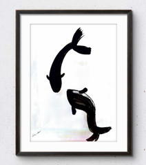 Original Acrylic Painting Koi Fish 11×14 Monochrome Japanese Signed Paper Black