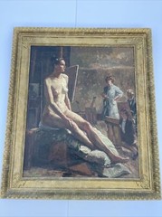ANTIQUE PAINTING 1930’S Class STUDIO PORTRAIT PRETTY WOMAN FEMALE MODEL MYSTERY