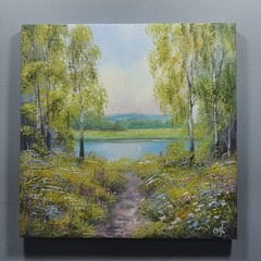 Lakeside Wildflower Path Oil Painting Nature Landscape Garden Artwork 10×10