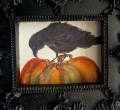 Raven on a Pumpkin mini watercolor print in black vintage style ornate frame