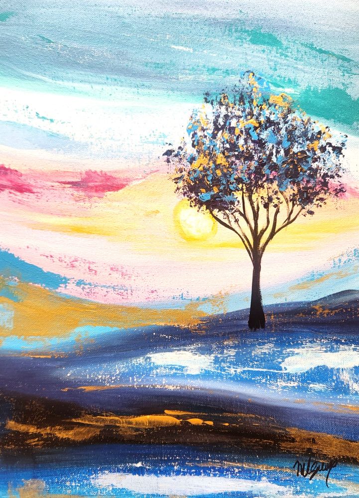 Lone Tree Sunset Painting 12×16 Original Landscape Wall Art by M Isaksen