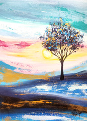 Lone Tree Sunset Painting 12×16 Original Landscape Wall Art by M Isaksen