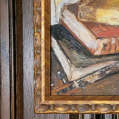 Original Signed Painting Violin Resting on Books, Scalloped Gilt Frame, Newlin