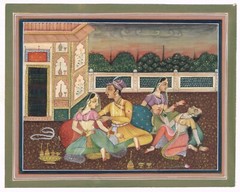 Indian Miniature Painting Of Mughal Harem Scene Art On Paper 8×6.5 Inches