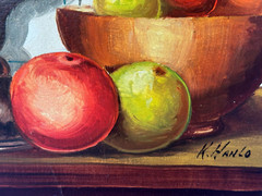 K HANLO HOLLAND SIGNED OIL PAINTING STILL LIFE SILVER VASE WITH ASSORTED FRUITS