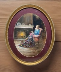 Watercolor Painting Fireside Grandma Quilting 18X22”Oval Frame Under Glass OOAK