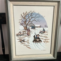 Framed Serigraph on Canvas Signed C. Carson Amish Winter Snow Sledding 16 x 12