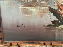Mid Century Chinese Junk Boat Original Oil Painting Framed Signed