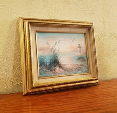 Oil Painting Seascape Lighthouse Beach Scene House Framed Vintage K Cummings