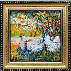 Chicken Original Oil Painting 4×4 Framed Signed Rooster Bird Farmhouse Rural Art