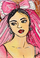 ACEO Fashion Portrait Woman Pink Bow Veil Original Art Card Zinak Arts OOAK New