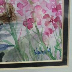 Watercolor Painting Art Print Moose in Water Pink Flower Signed MarLynk
