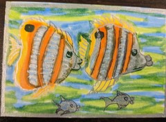 ACEO Original watercolor Painting markers gold /silver Signed Colorful Fish