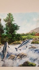 Salmon jumping cabin in the woods painting by Anton Kimball 12×16 original