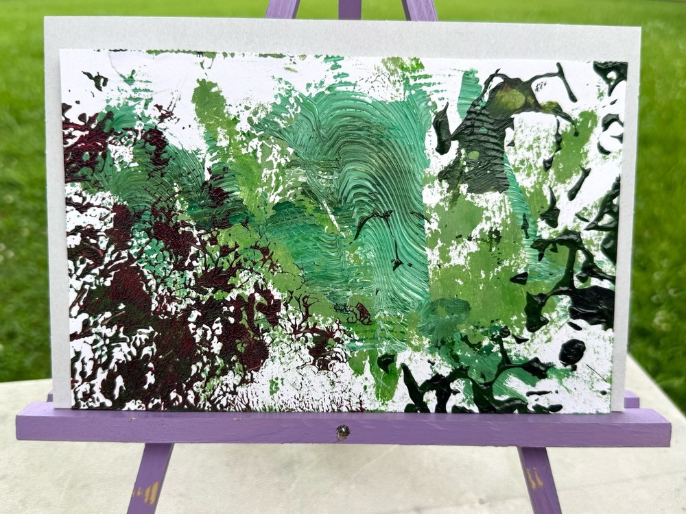 „Deforestation“ Green and Red Small Abstract 8.5 x 5.5in Painting