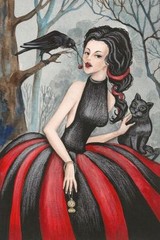 4×6 PRINT OF PAINTING CROW RYTA BLACK CAT WITCH HALLOWEEN steampunk creepy art
