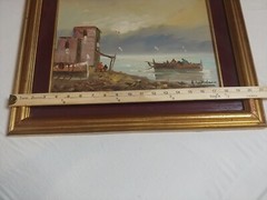 Vintage Signed Italian Fishing Boat Port Harbour Italy Oil Canvas Painting Frame