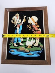 Vintage Mid‑Century Black Velvet Painting “Boy Fishing with Girl” 15.5″ × 12″