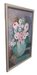 VTG ‘96 Still Life Flowers Ranunculus Roses Blue Vase Canvas Modern 18”x 25.75”