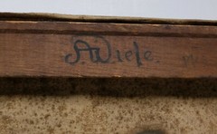 Antique American Folk Painting Oil On Canvas Signed Wiele Stoneware Pottery