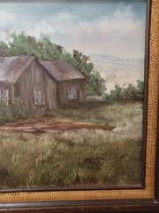 LOVELY PEACEFUL OIL PAINTING OF HOMESTEAD, ROAD, TREES, COUNTRY SIGNED M HILL