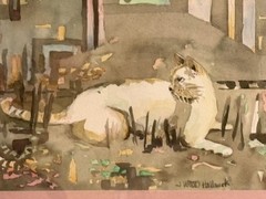VTG Painting J Wood Hallmark Watercolor Abstract Cat 17×21 Signed Matted Framed