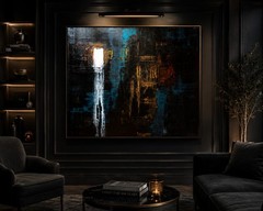 Original Abstract Acrylic Painting Blue Gold Black White Large Textured Canvas
