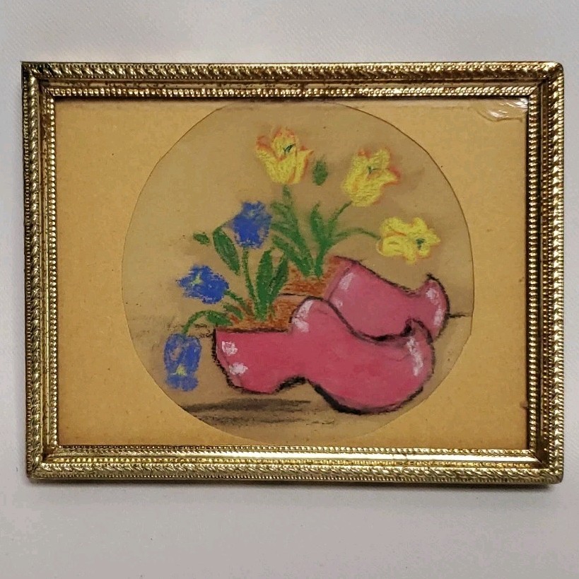 Miniature Chalk Painting Pink Clogs &Flowers Vtg Frame Gold Tone 3.25×4.5″