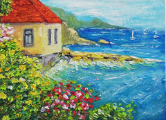 Italy Lake Landscape Coast Original Oil Painting. House, Boats, Sea. 16×22 cm
