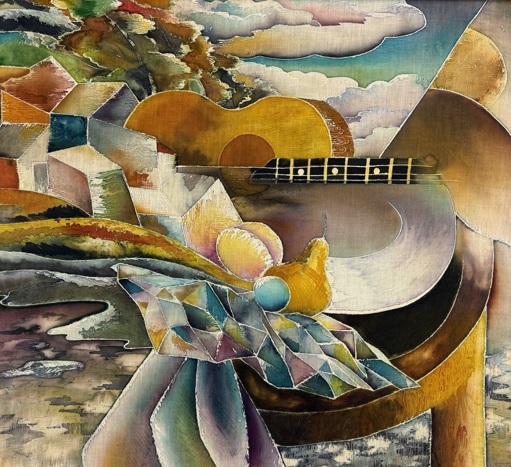 American 20th C, Vintage Batik Painting, Cubist Still Life Guitar Landscape