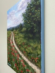 Original Country Path Oil Painting Poppy Meadow Flowers Rural Field Wall Art