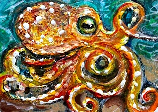 ORIGINAL ACEO Painting Orange OCTOPUS Sea Ocean Squid Fish Marine 8 Legs ATC ART