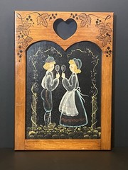 VTG Hand Painted Tole Dutch Folk Art Wall Hanging Heart Cutout Grape Harvest