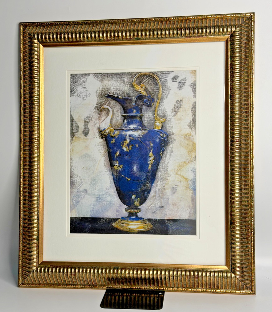 Framed Blue Gold Classical Urn Vase Art Print Neoclassical Still Life Wall Decor