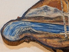 Hand Painted Art Oil Painting On Wood Slab Waterfall Snow Mountains Aspen Trees