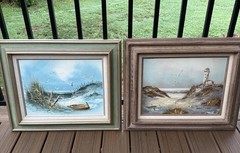 Pair Of Seaside Oil Paintings Light House Seagulls Beach Scenes 19 X 23, MCM VGC