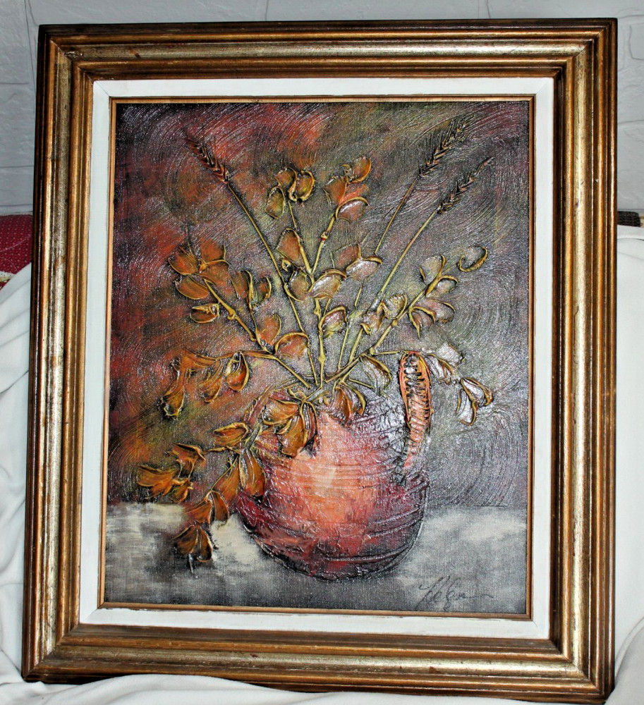 Vintage Large Impasto Oil Painting Floral Still Life 3D Textured Signed framed
