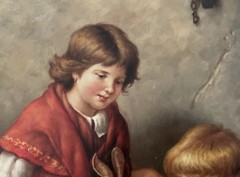Framed Genre Scene Oil Painting Of Children Feeding Rabbits 28” X 24”