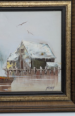 Original Oil Painting Signed Fleet Framed Harbor Scene Fishing Junk Sailing Boat